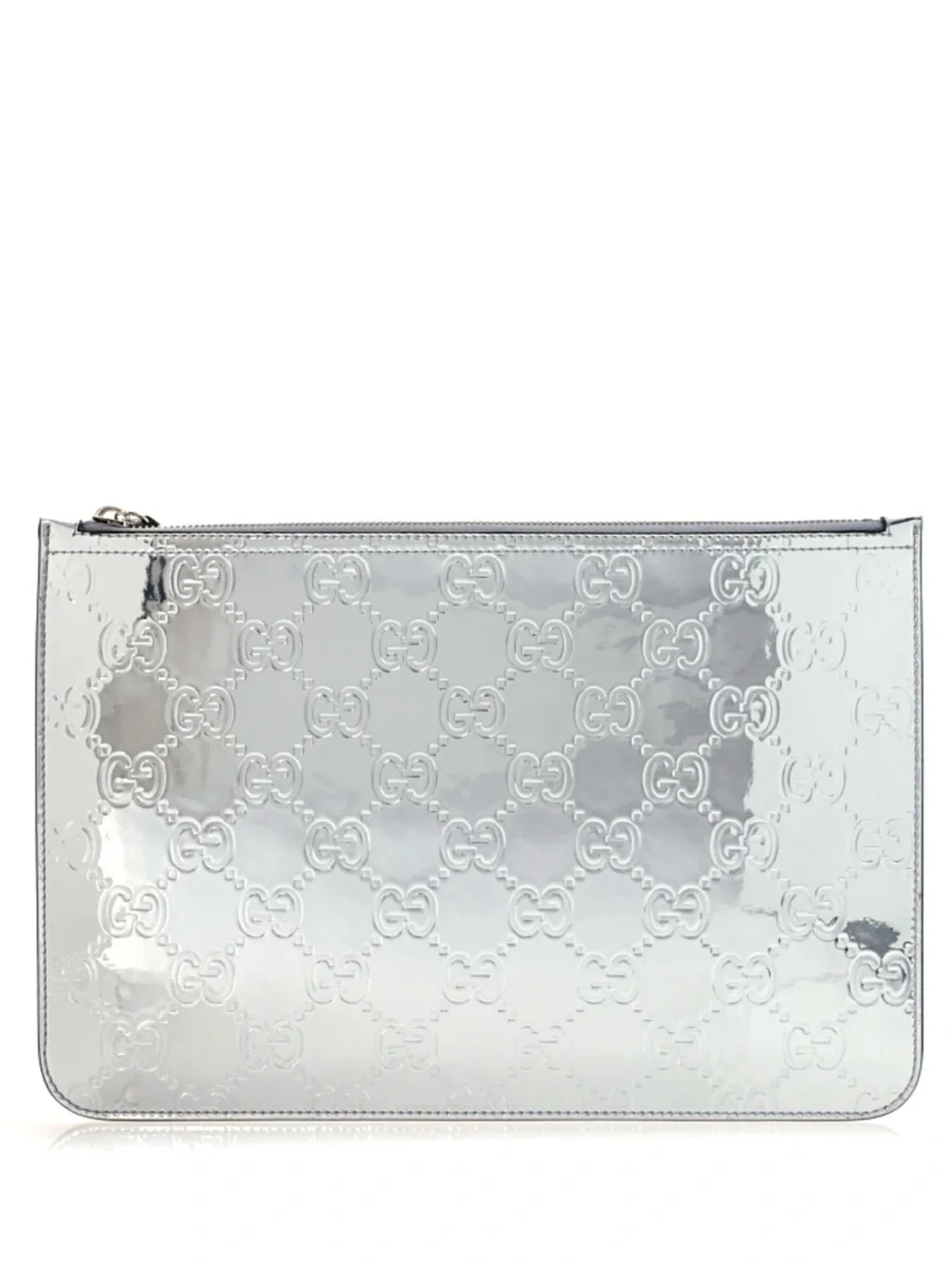 Gucci Silver Embossed GG Metallic Zip Clutch NWT
